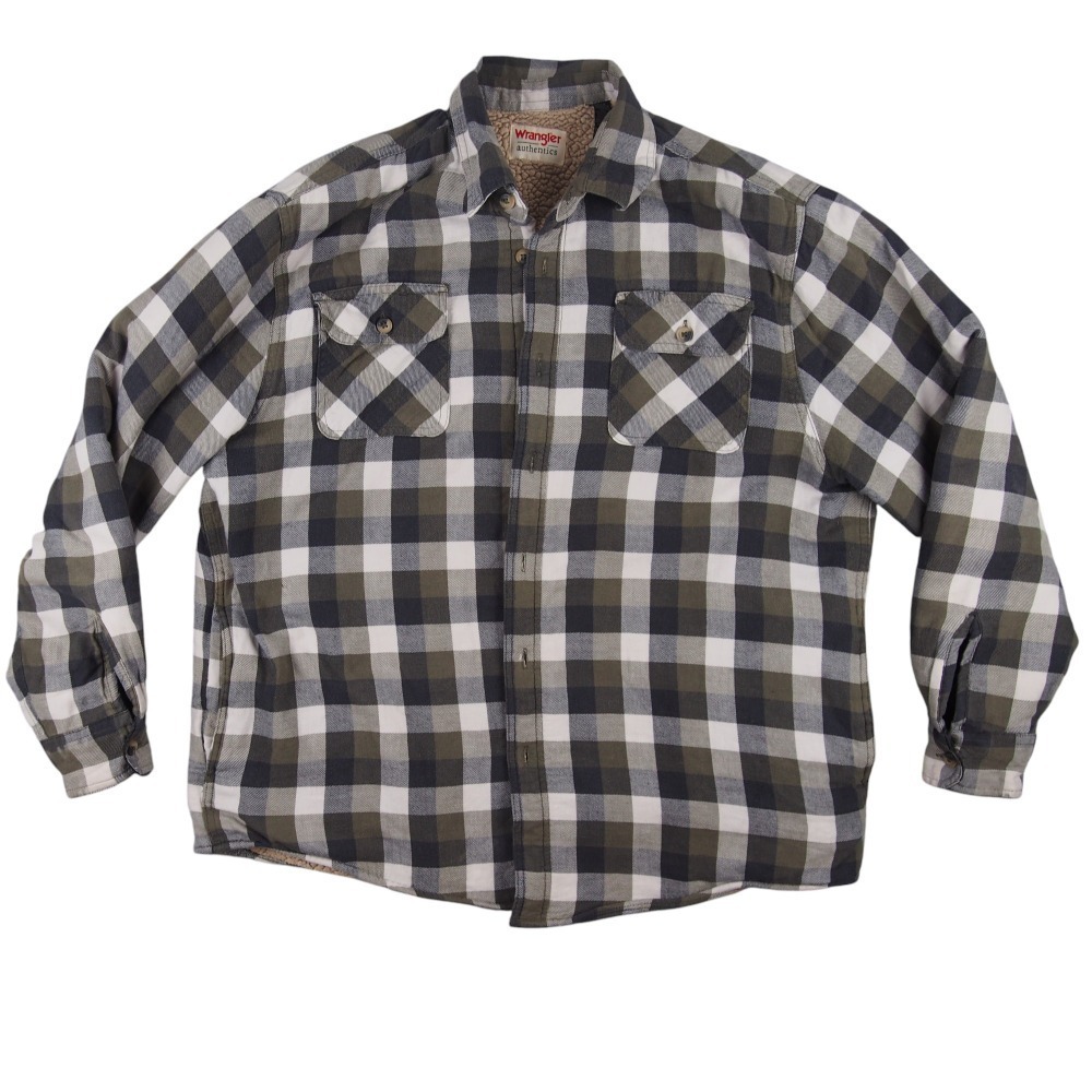 Wrangler Flannel Mens Sz L Sherpa Lined Jacket Green Plaid Quilted lined Sleeve